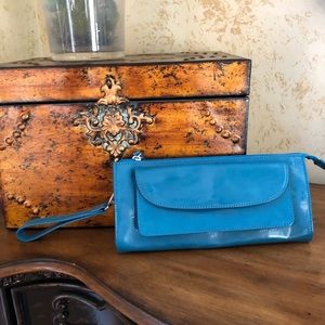 Authentic leather teal Talbots clutch with zip top